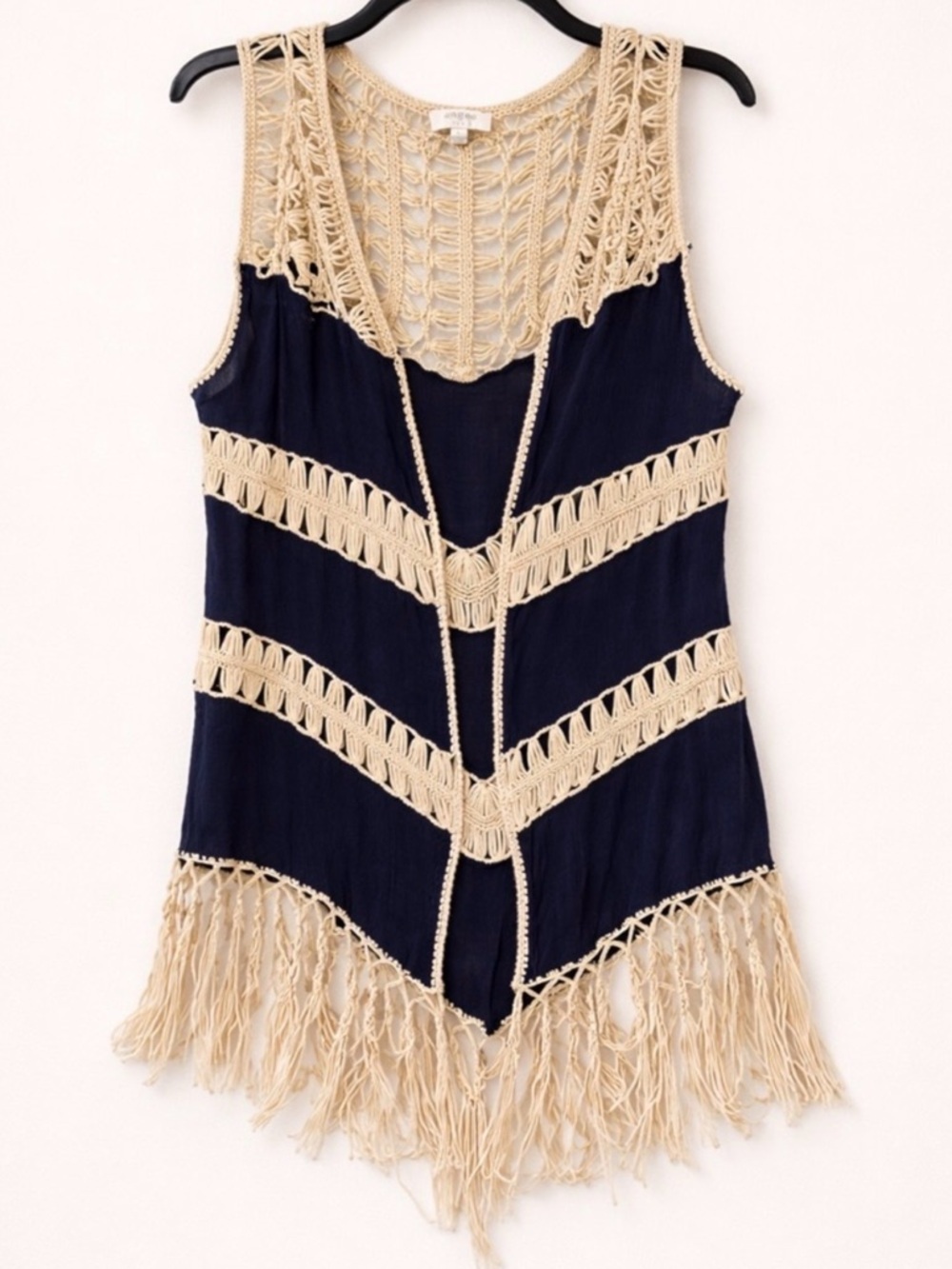 Umgee Boho Fringe Open Front Vest Navy Cream Crochet Festival Duster Size L